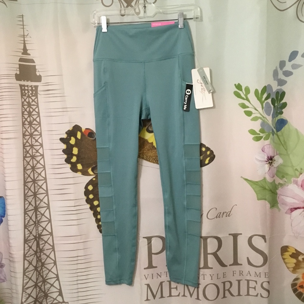 X By Gottex Studio Core Leggings Mesh Side Pocket Jade Green Size S NWT